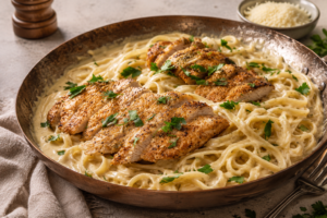 Transfer the chicken to a plate and cover it with foil. Let it rest before making the Alfredo sauce.