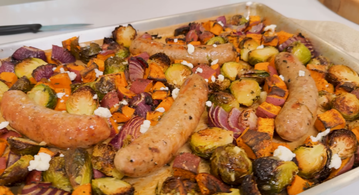 Sheet Pan Sausage with Brussels Sprouts & Sweet Potatoes Recipe
