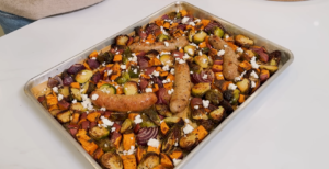 Sheet Pan Sausage with Brussels Sprouts & Sweet Potatoes Recipe