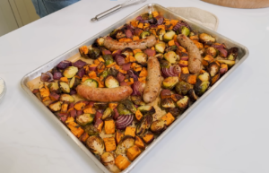 Sheet Pan Sausage with Brussels Sprouts & Sweet Potatoes Recipe