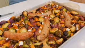Sheet Pan Sausage with Brussels Sprouts & Sweet Potatoes Recipe