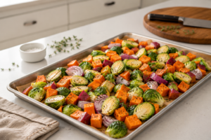 Sheet Pan Sausage with Brussels Sprouts & Sweet Potatoes Recipe