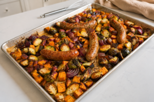 Sheet Pan Sausage with Brussels Sprouts & Sweet Potatoes Recipe