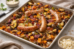 Sheet Pan Sausage with Brussels Sprouts & Sweet Potatoes Recipe