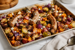 Sheet Pan Sausage with Brussels Sprouts & Sweet Potatoes Recipe