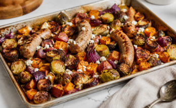 Sheet Pan Sausage with Brussels Sprouts & Sweet Potatoes Recipe
