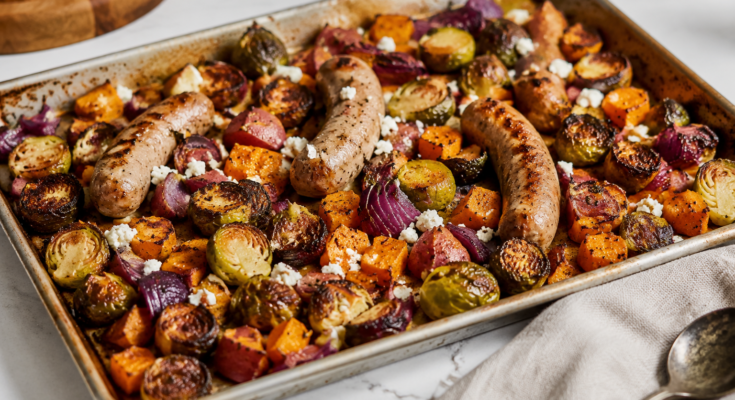 Sheet Pan Sausage with Brussels Sprouts & Sweet Potatoes Recipe